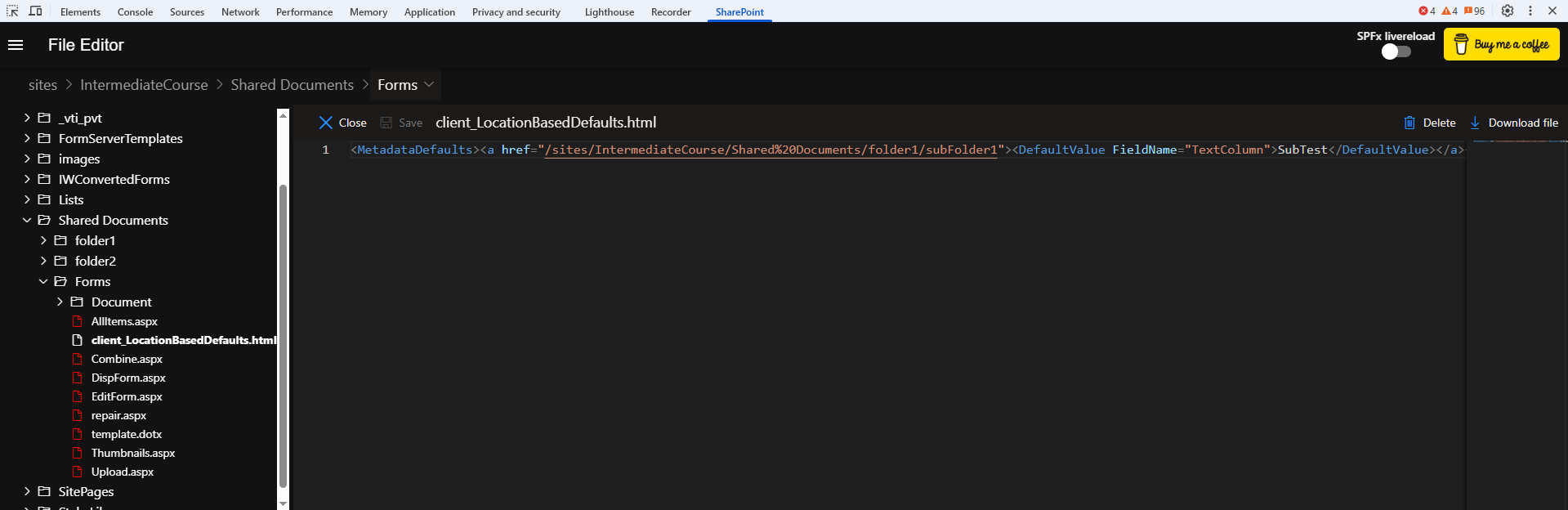 File editor of SP Editor Extension